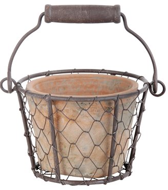 Aged Terracotta Pot In Wire Basket With Handle