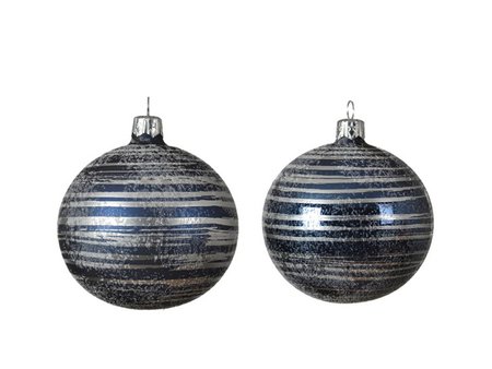 Glass bauble, shiny or matt dark blue with silver brush stripes 2 styles/colours