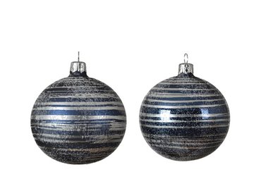 Glass bauble, shiny or matt dark blue with silver brush stripes 2 styles/colours